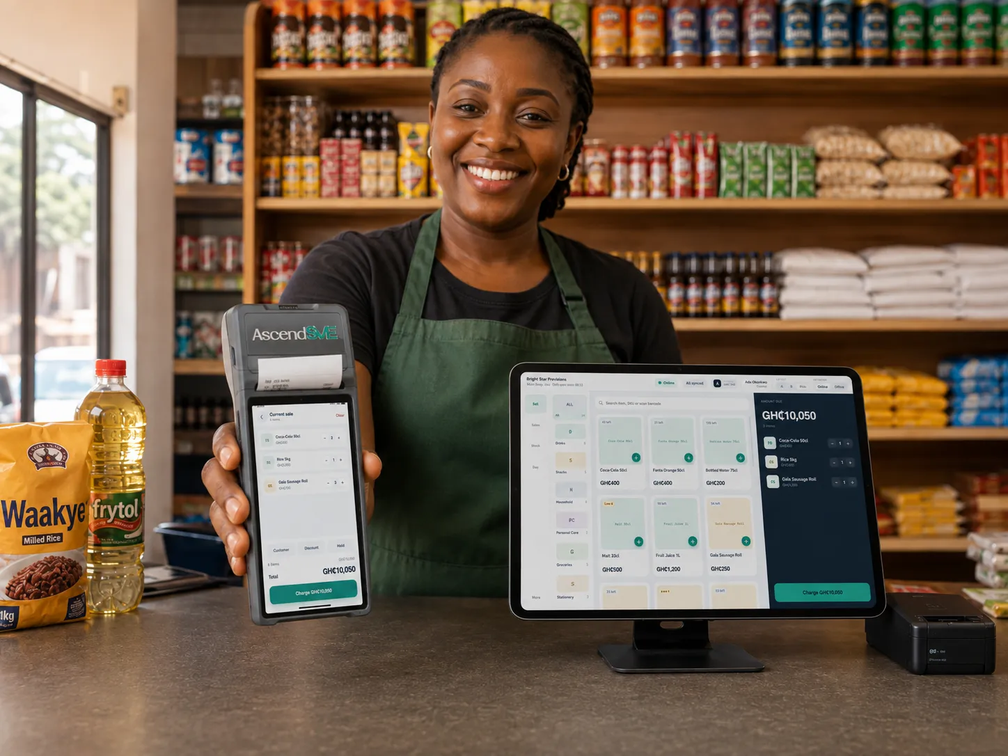 A shop owner in a Ghanaian provisions store taking payment on the AscendSME POS device, with the AscendSME till screen open on the counter alongside