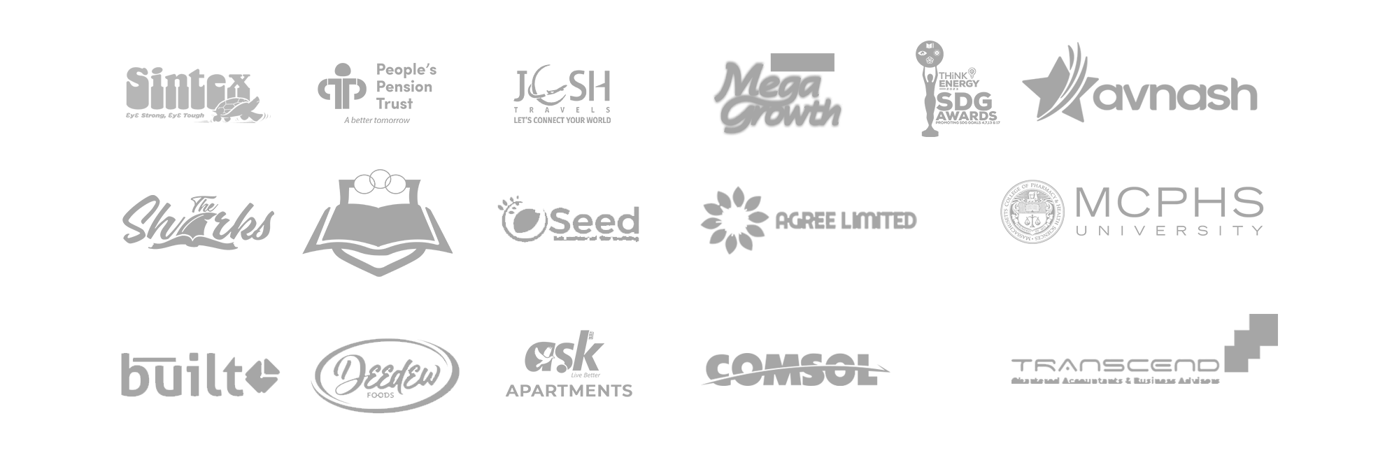 BVM Digital clients including Sintex, People's Pension Trust, Josh Travels, Mega Growth, SDG Awards, Avnash, The Sharks, OSeed, Agree Limited, MCPHS University, Built, Deedew Foods, ASK Apartments, Comsol, and Transcend
