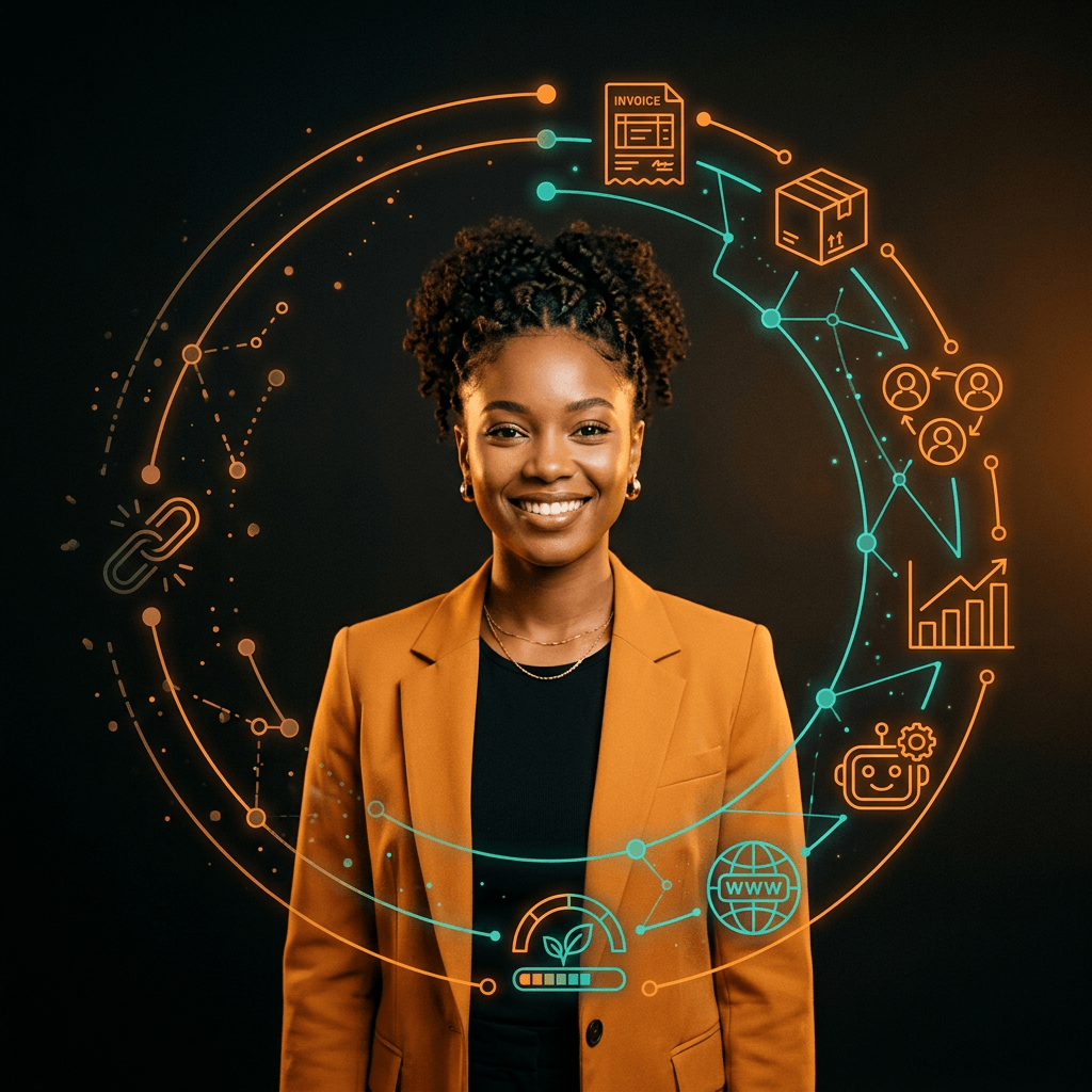 African woman entrepreneur surrounded by an orbital diagram of business infrastructure: invoicing, inventory, CRM, finance, AI assistant, web presence, and sustainability score