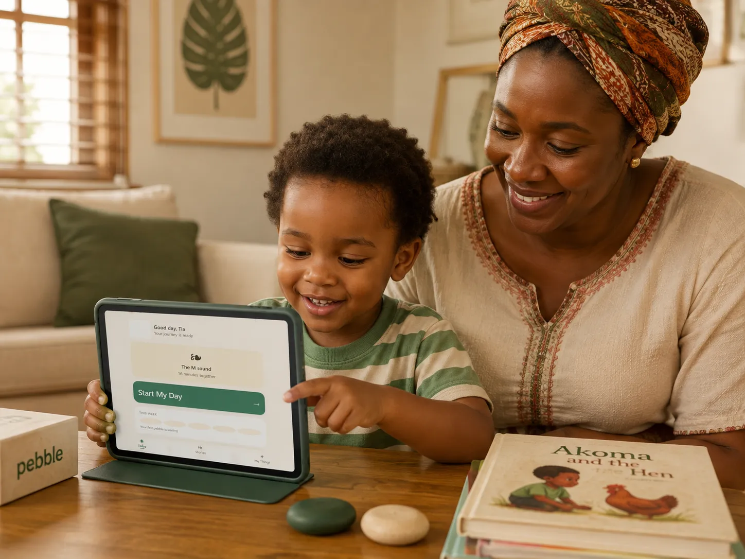 A young child and a parent starting a Pebble learning session together on a tablet at home